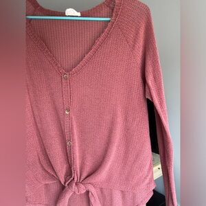 Large Juniors Deep Blush Long Sleeve Button Up Tie Front Top